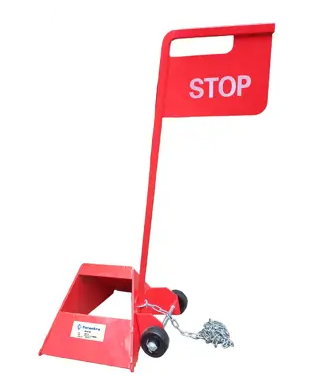 Cale de roue acier avec roulette et panneau stop (CALE-STOP)